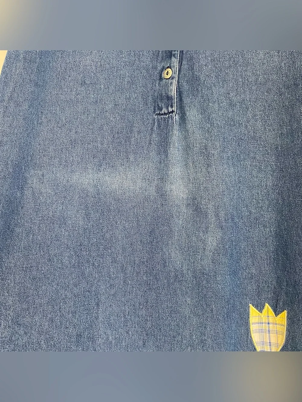 Vintage embroidered plaid patchwork garden butterfly denim dress with pockets, L - Picture 7 of 7
